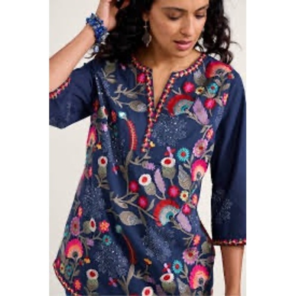 Soft Surroundings Navy Blue Floral Embroidered Tassel Tunic Top PL 3CQ17